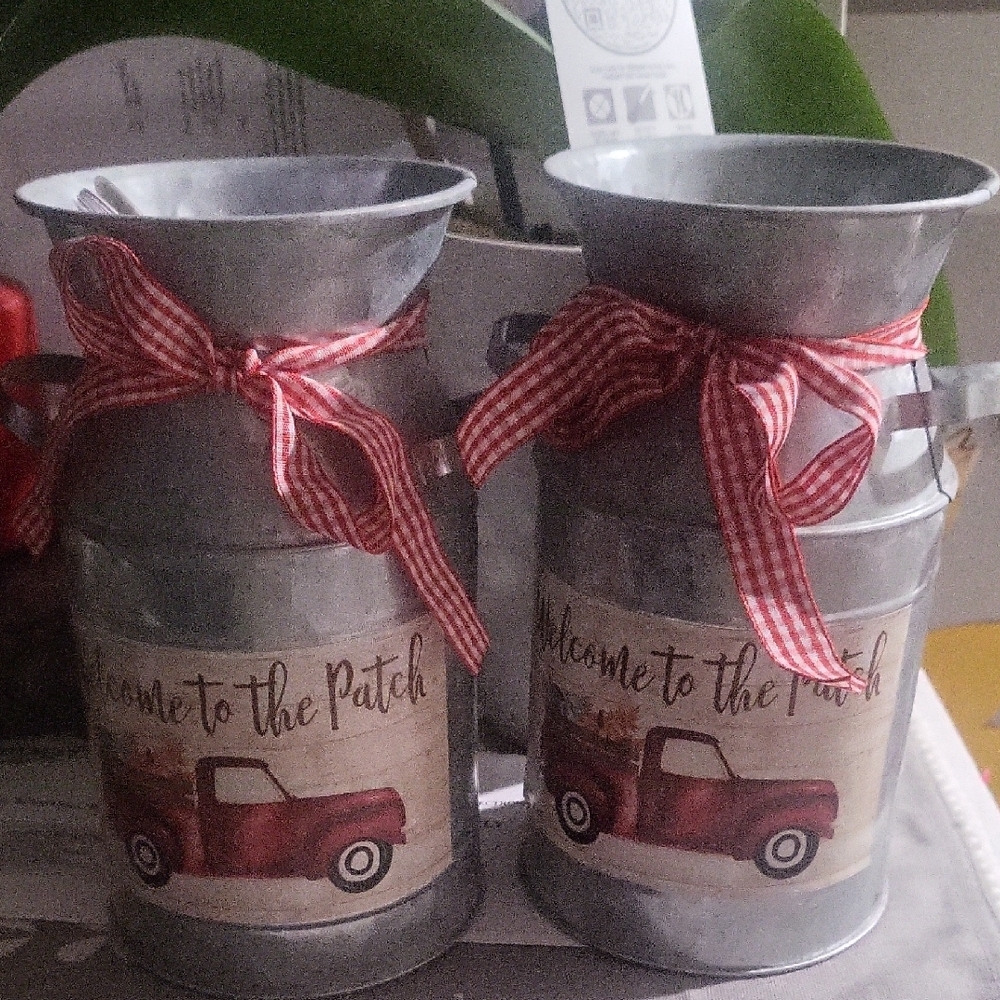 Rustic Metal Milk Can with Red Accents​